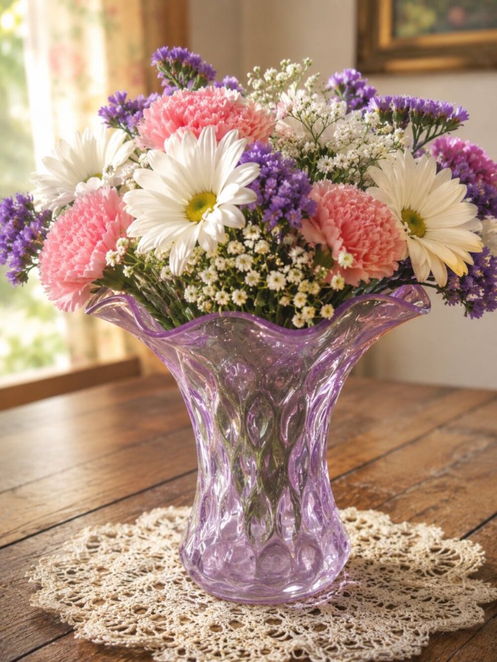 Lavender Glass Ruffled Vase Vintage